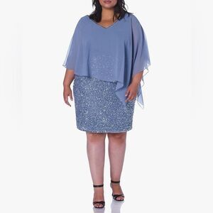 J Kara Beaded Cocktail Dress Sheer Capelet Overlay V-Neck Dusty Blue Size 18 NWT